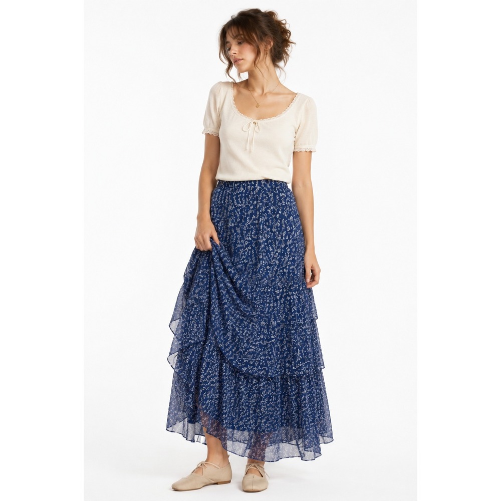 Lauren Ralph Lauren Floral Tiered Maxi Skirt L Blue White Chiffon Boho Romantic